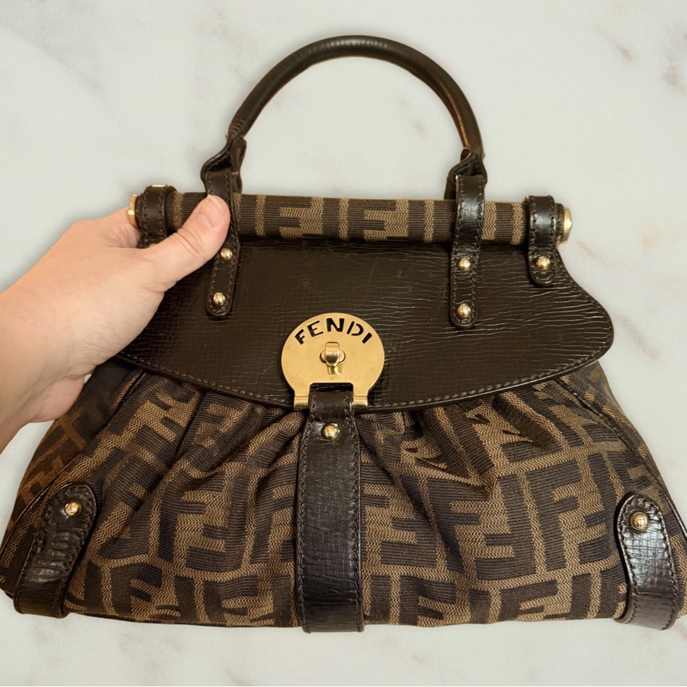 Authentic Vintage Fendi Magic Bag Canvas Dark Brown Leather Trim Y2K 2000s Clean - Picture 2 of 10